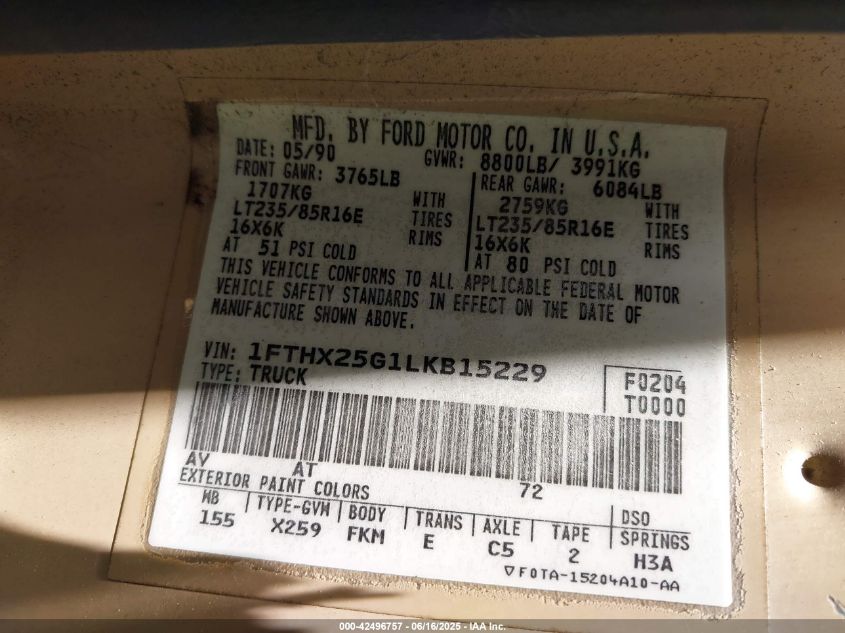 1990 Ford F250 VIN: 1FTHX25G1LKB15229 Lot: 42496757