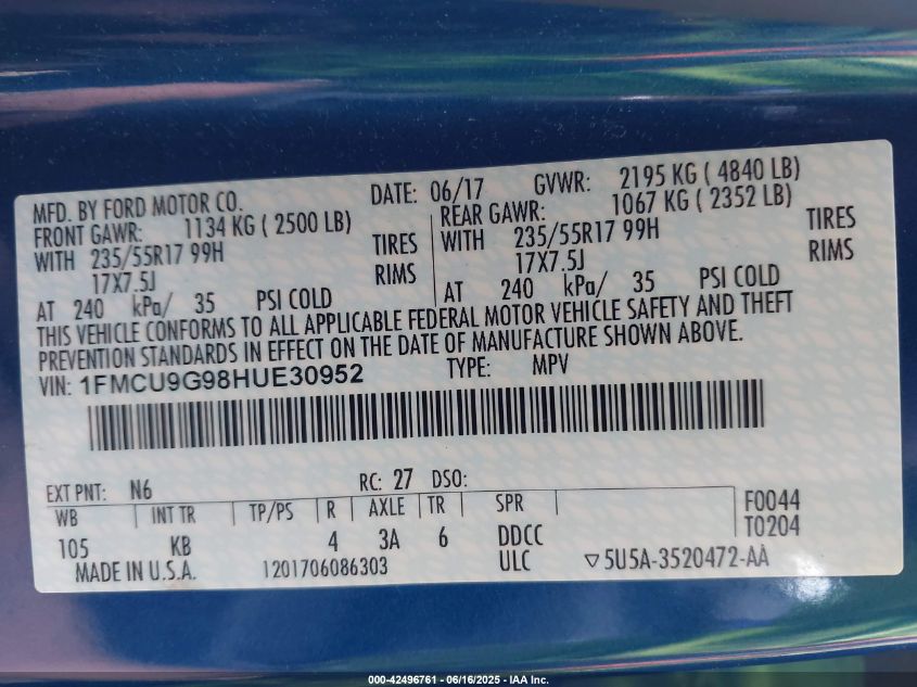 2017 Ford Escape VIN: 1FMCU9G8KUE30952 Lot: 42496761