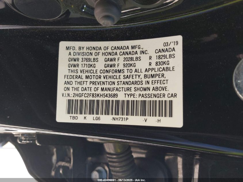 2019 Honda Civic Sport VIN: 2HGFC2F83KH543689 Lot: 42496861