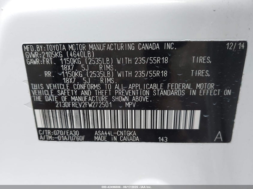 2015 TOYOTA RAV4 LIMITED - 2T3DFREV2FW272501