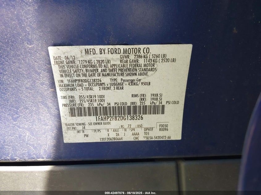 2013 FORD TAURUS LIMITED - 1FAHP2F82DG138326