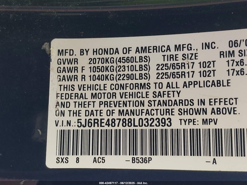 2008 HONDA CR-V VIN: 5J6RE48788L032393