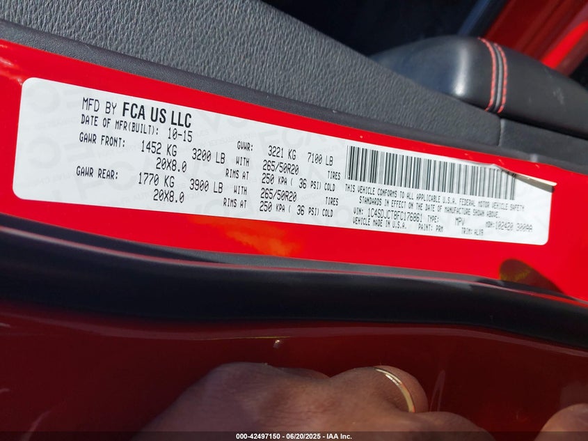 2015 DODGE DURANGO VIN: 1C4SDJCT8FC176861