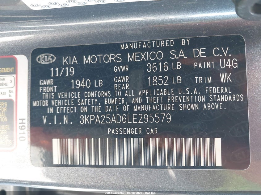 2020 KIA RIO 5-DOOR VIN: 3KPA25AD6LE295579