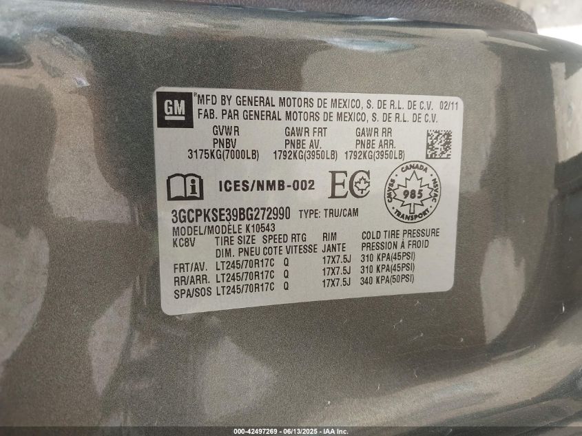 2011 Chevrolet Silverado 1500 Lt VIN: 3GCPKSE39BG272990 Lot: 42497269