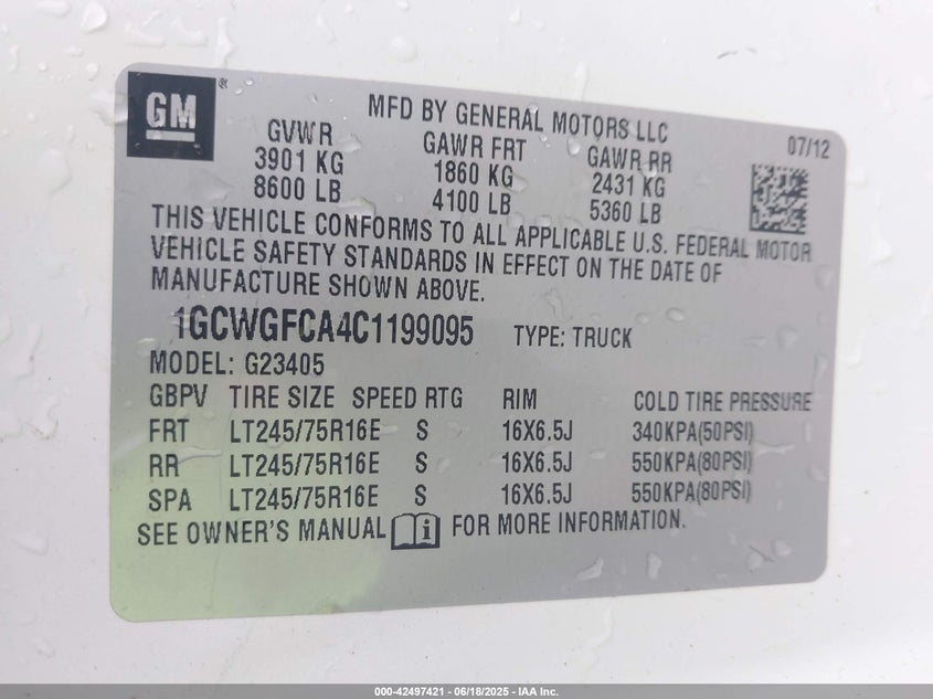 2012 Chevrolet Express 2500 Work Van VIN: 1GCWGFCA4C1199095 Lot: 42497421