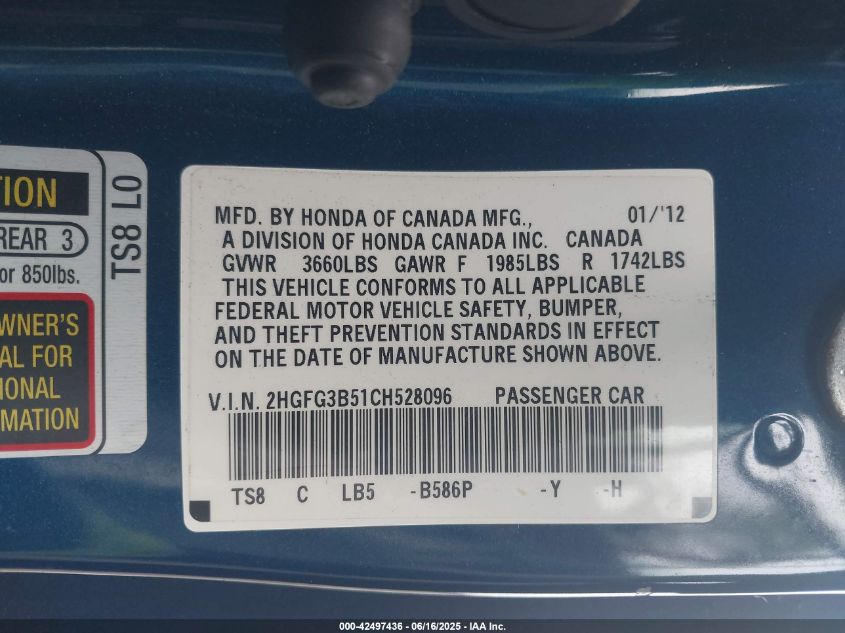 2012 Honda Civic Lx VIN: 2HGFG3B51CH528096 Lot: 42497436