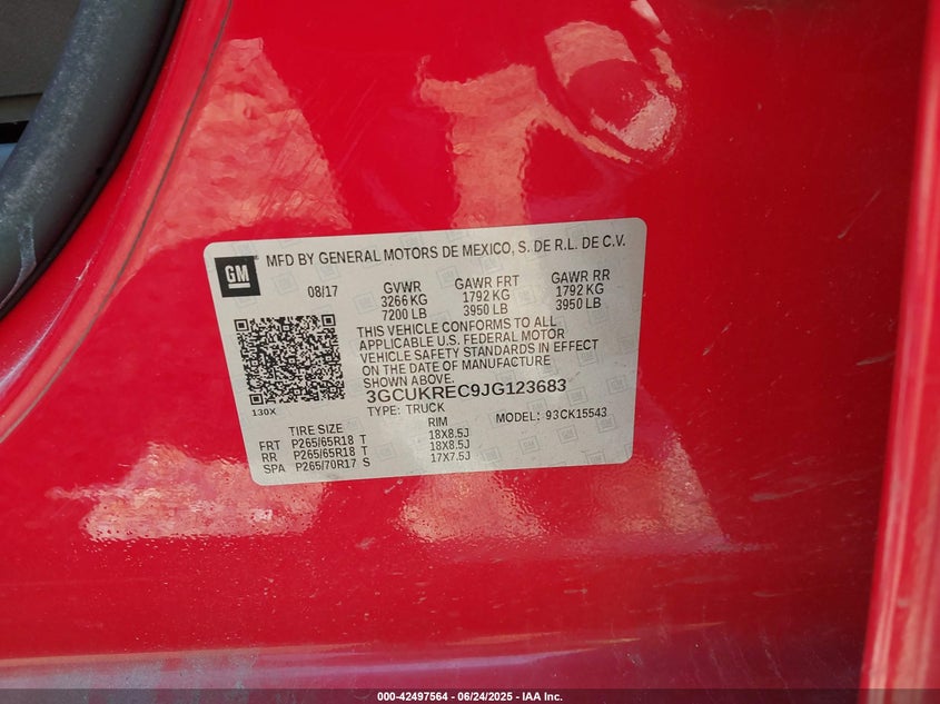 2018 Chevrolet Silverado 1500 1Lt VIN: 3GCUKREC9JG123683 Lot: 42497564