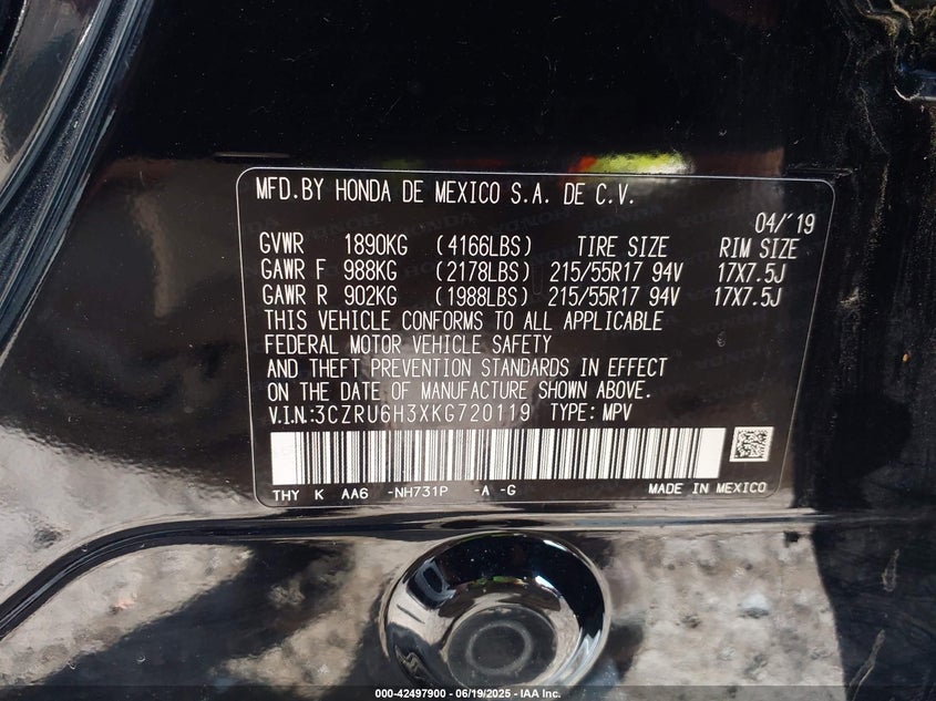 2019 HONDA HR-V VIN: 3CZRU6H3XKG720119