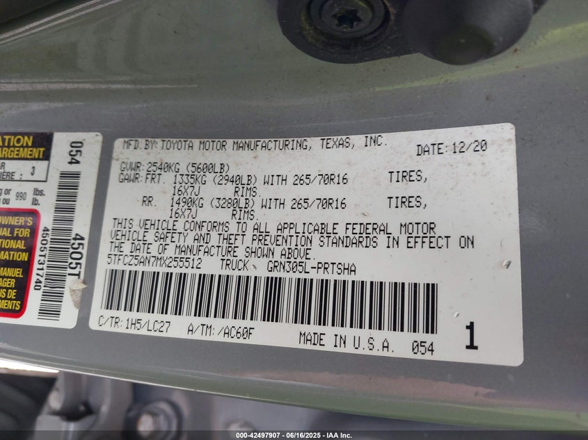 2021 TOYOTA TACOMA VIN: 5TFCZ5AN7MX255512