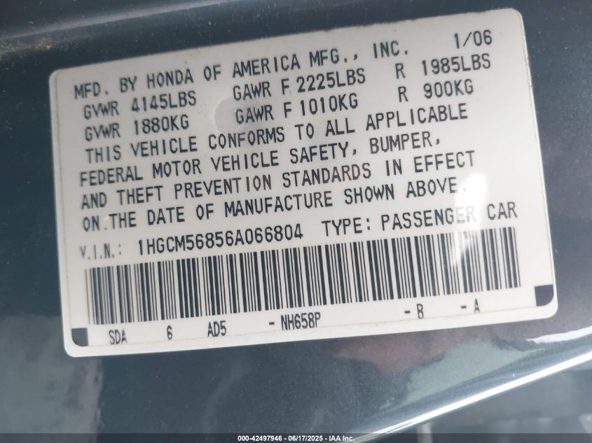 2006 Honda Accord 2.4 Ex VIN: 1HGCM56856A066804 Lot: 42497946