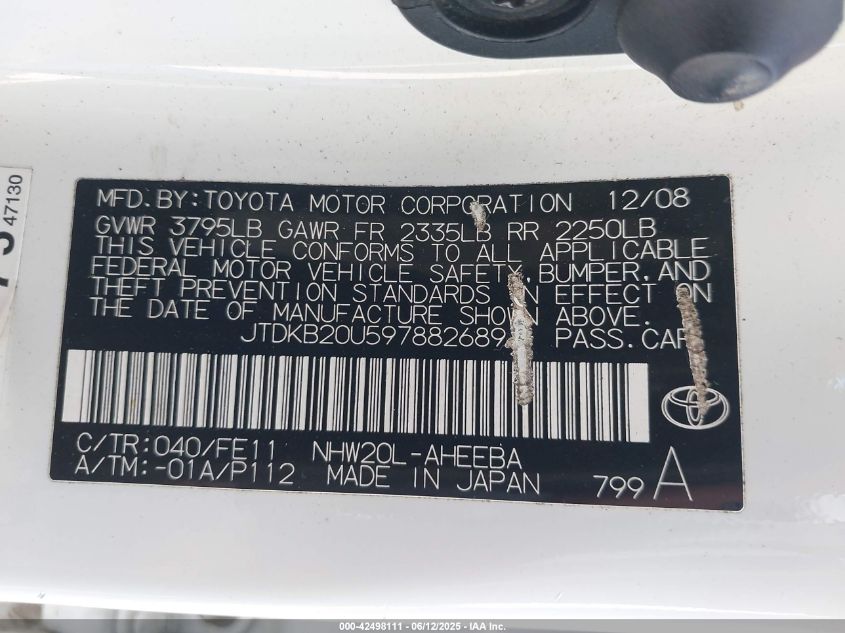 2009 Toyota Prius VIN: JTDKB20U597882689 Lot: 42498111