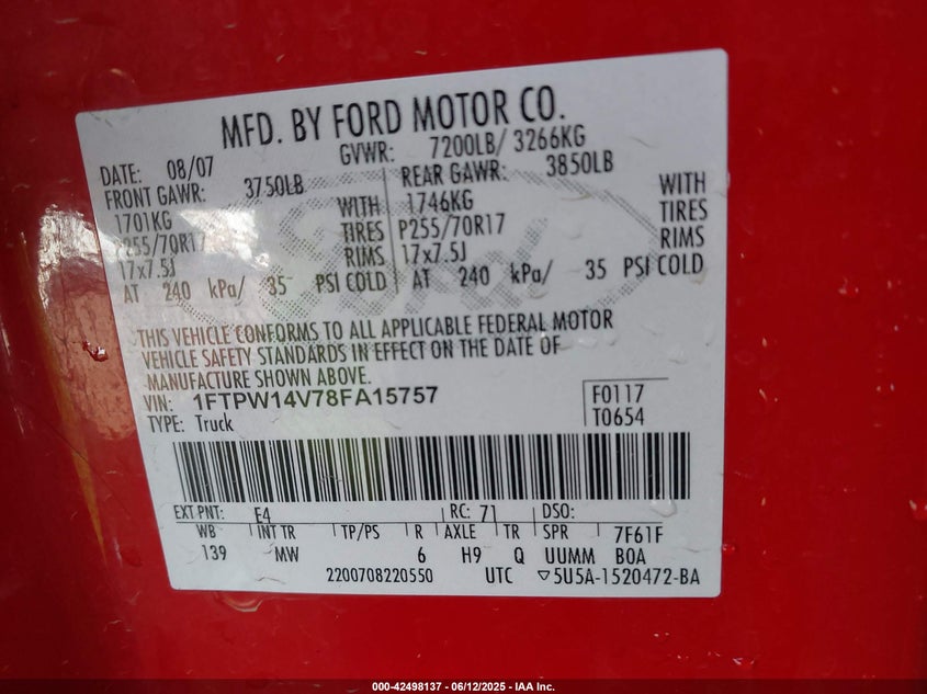 2008 FORD F150 VIN: 1FTPW14V78FA15757
