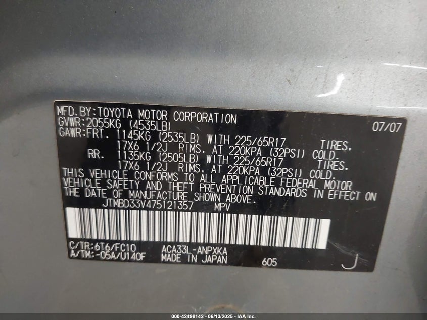 2007 TOYOTA RAV4 VIN: JTMBD33V475121357