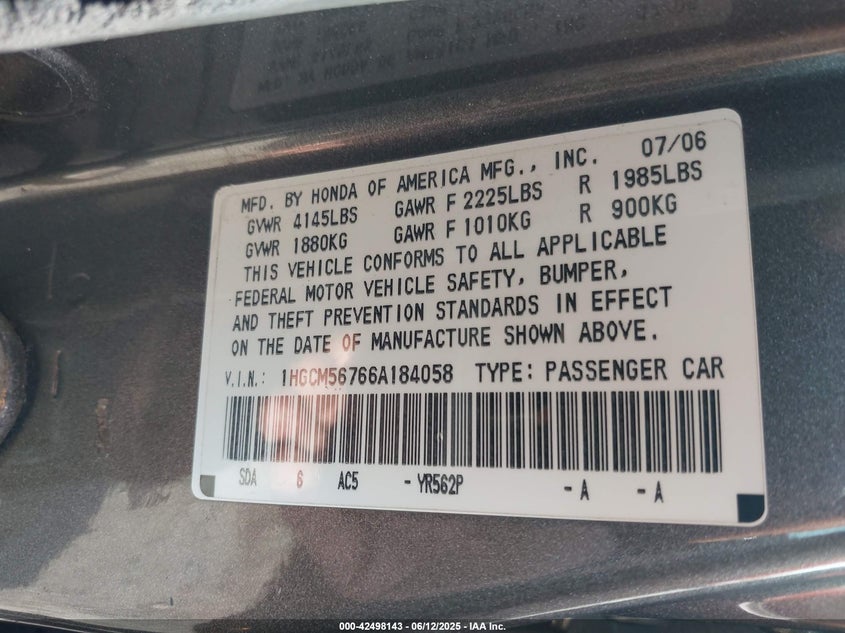 2006 HONDA ACCORD VIN: 1HGCM56766A184058