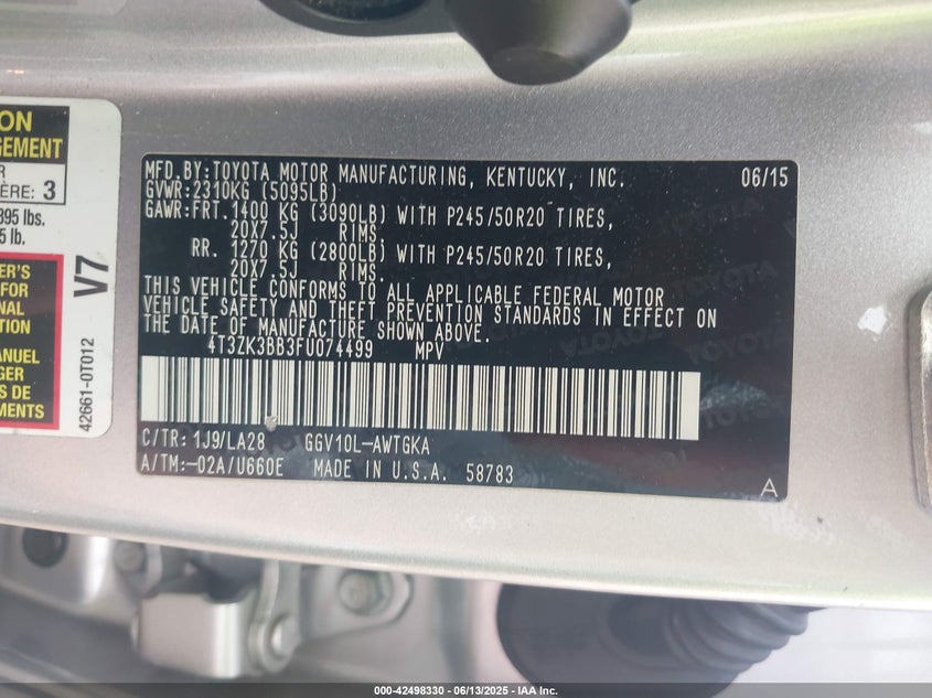 2015 Toyota Venza Xle V6 VIN: 4T3ZK3BB3FU074499 Lot: 42498330