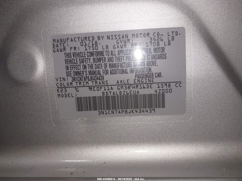 2018 NISSAN VERSA 1.6 SV - 3N1CN7AP8JK434439