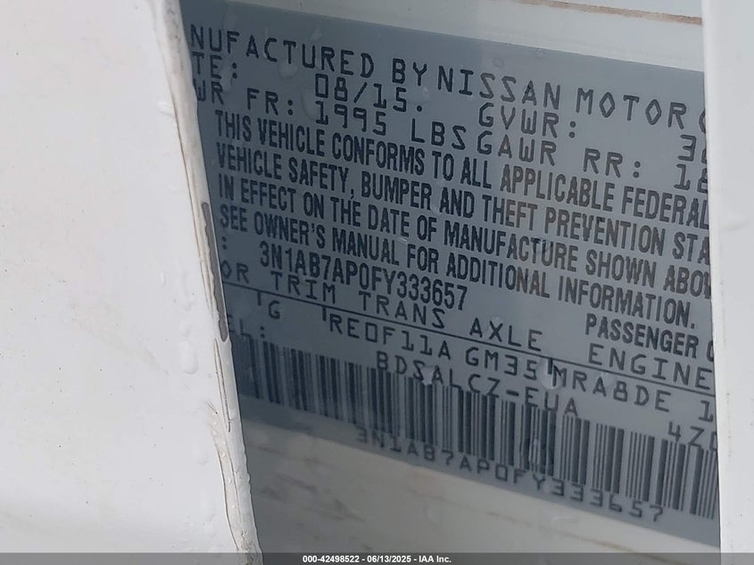 2015 NISSAN SENTRA VIN: 3N1AB7AP0FY333657
