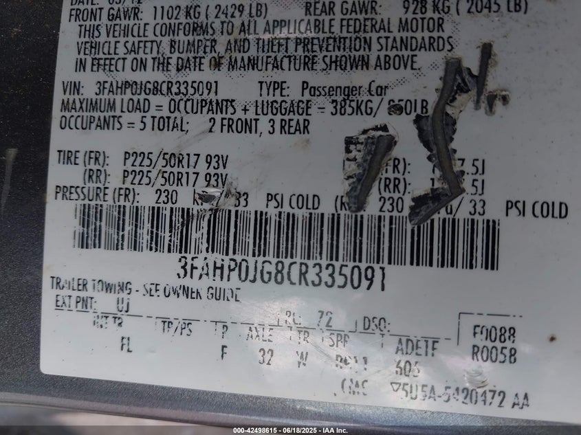 2012 FORD FUSION VIN: 3FAHP0JG8CR335091
