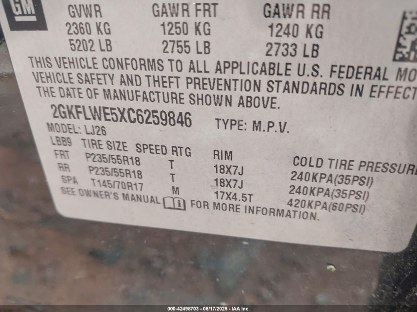 2012 GMC Terrain Slt-2 VIN: 2GKFLWE5XC6259846 Lot: 42498703