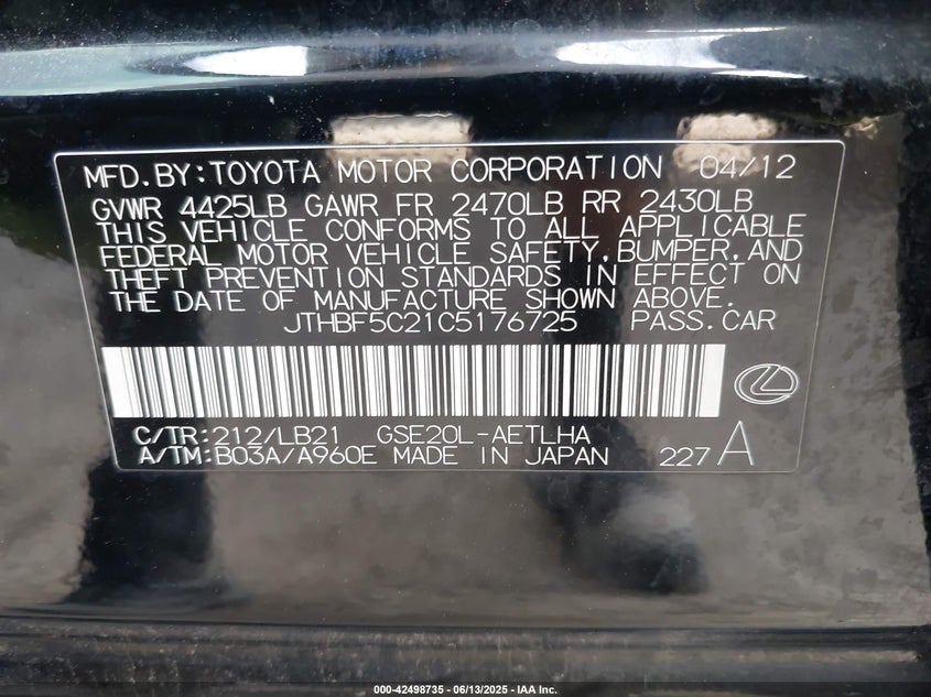 2012 LEXUS IS 250 VIN: JTHBF5C21C5176725