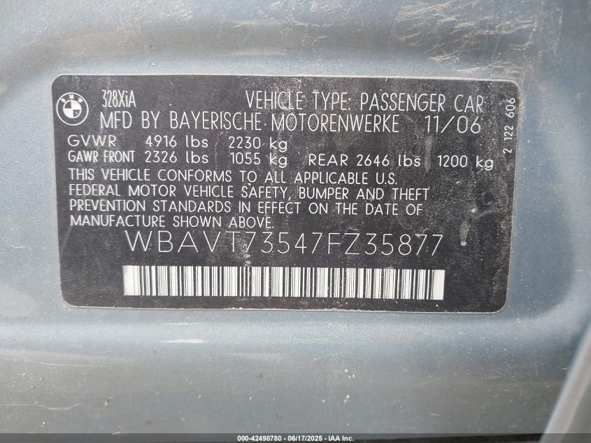 2007 BMW 328Xi VIN: WBAVT73547FZ35877 Lot: 42498780