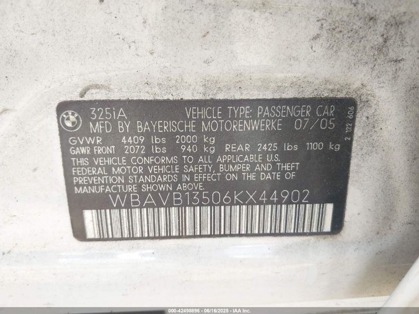 2006 BMW 325I VIN: WBAVB13506KX44902 Lot: 42498896