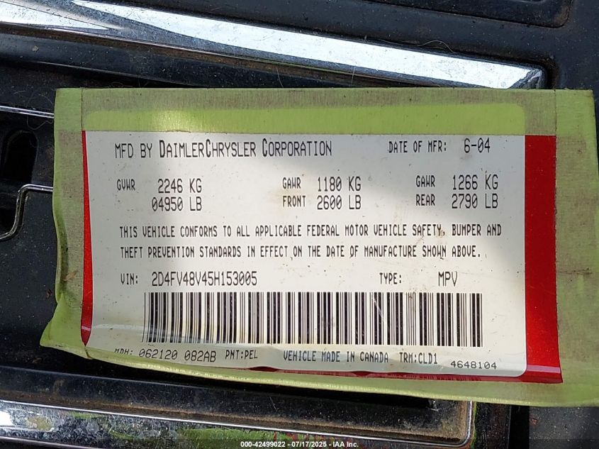 2005 Dodge Magnum Se VIN: 2D4FV48V45H153005 Lot: 42499022