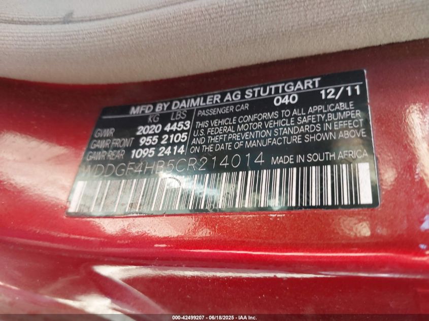 2012 Mercedes-Benz C 250 Luxury/Sport VIN: WDDGF4HB5CR214014 Lot: 42499207