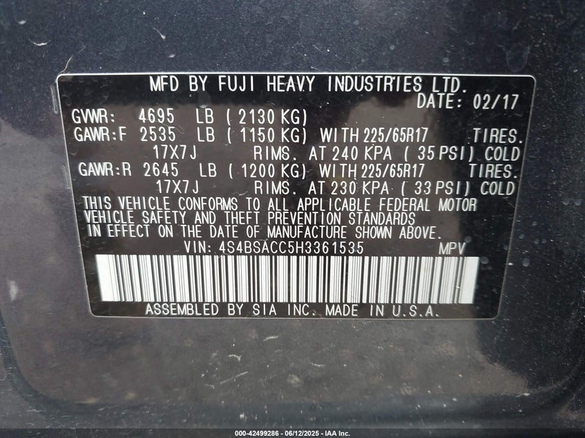 2017 SUBARU OUTBACK 2.5I PREMIUM - 4S4BSACC5H3361535