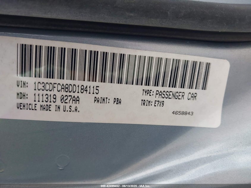 2013 DODGE DART VIN: 1C3CDFCA8DD184115