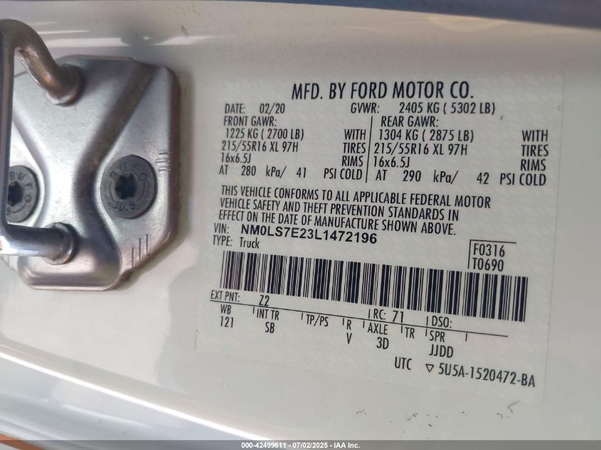 2020 Ford Transit Connect Xl Cargo Van VIN: NM0LS7E23L1472196 Lot: 42499611