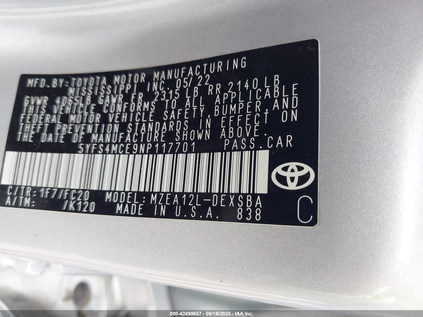 2022 Toyota Corolla 2.0 Se Nightshade Edition Grey Lot 111042499657 Vin 5YFS4MCE9NP117701