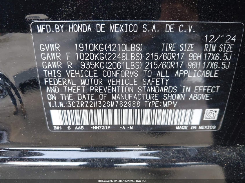 2025 Honda Hr-V Awd Lx VIN: 3CZRZ2H32SM762988 Lot: 42499702