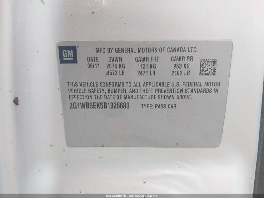 2011 Chevrolet Impala Lt VIN: 2G1WB5EK5B1326680 Lot: 42499775