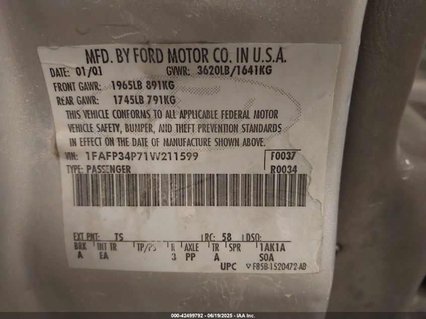 2001 Ford Focus Se VIN: 1FAFP34P71W211599 Lot: 42499792