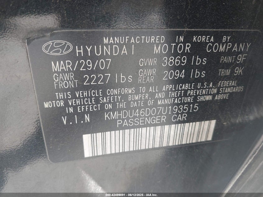 2007 HYUNDAI ELANTRA VIN: KMHDU46D07U193515