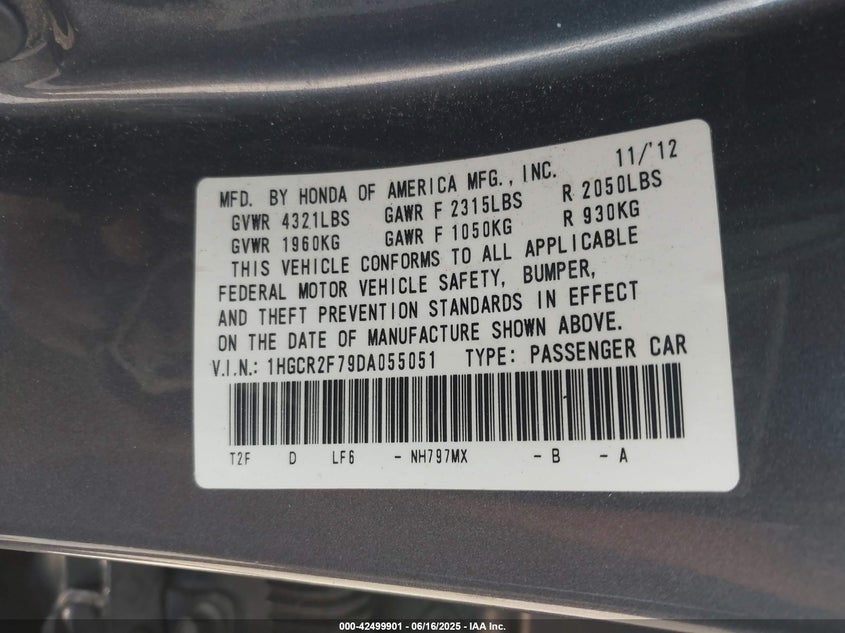 2013 Honda Accord Ex VIN: 1HGCR2F79DA055051 Lot: 42499901