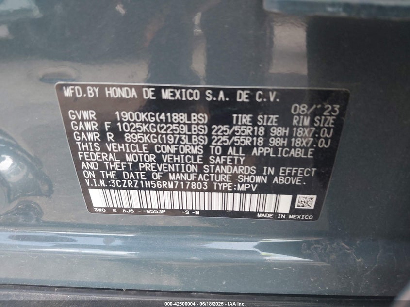 2024 HONDA HR-V 2WD SPORT/2WD SPORT W/O BSI - 3CZRZ1H56RM717803