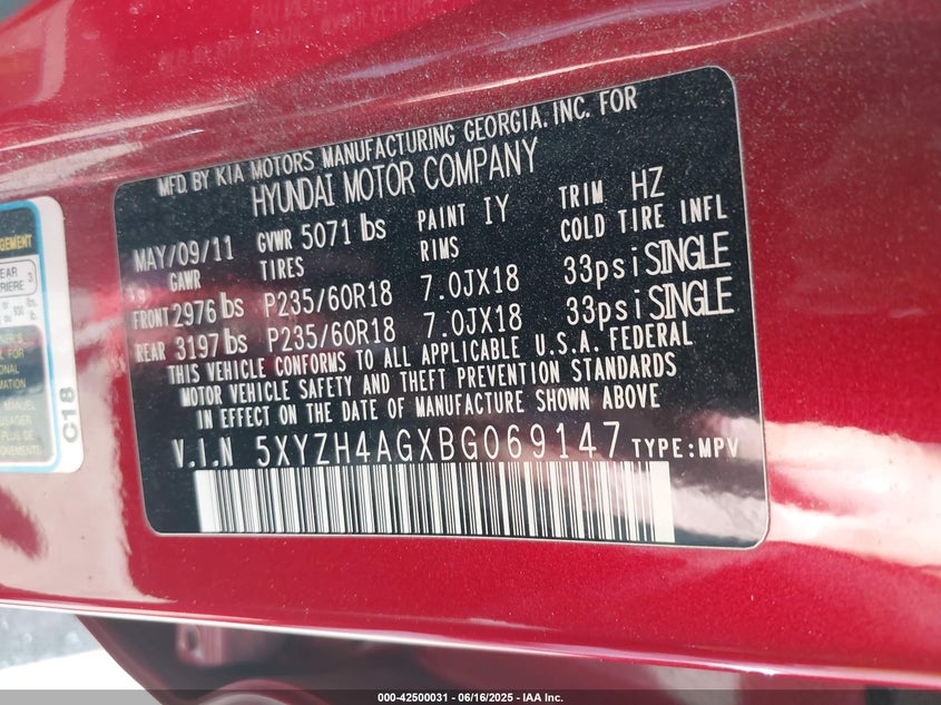 2011 HYUNDAI SANTA FE VIN: 5XYZH4AGXBG069147