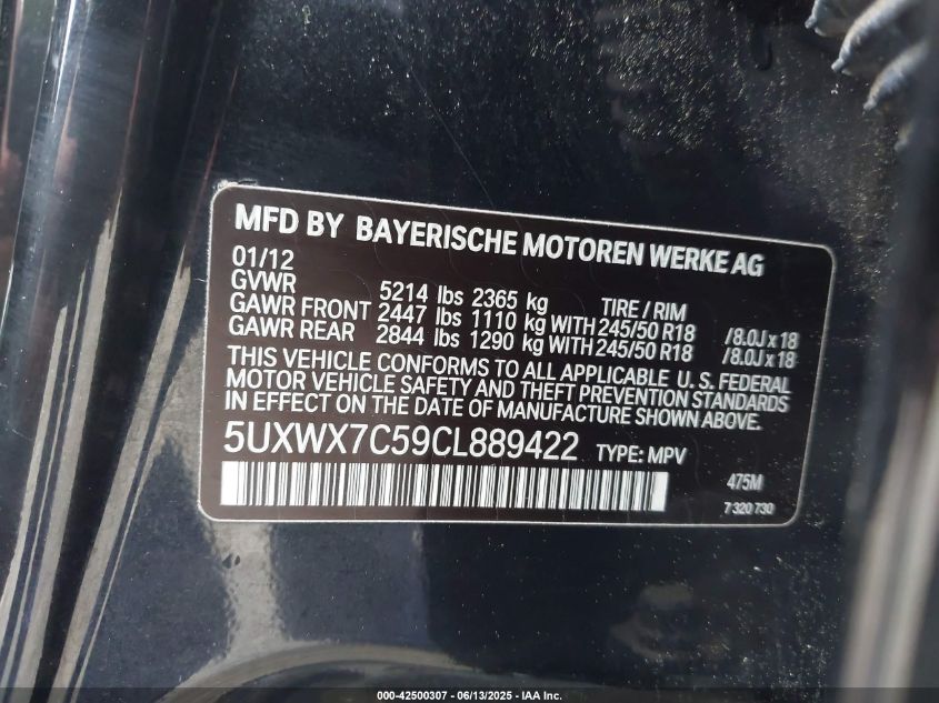 2012 BMW X3 xDrive35I VIN: 5UXWX7C59CL889422 Lot: 42500307