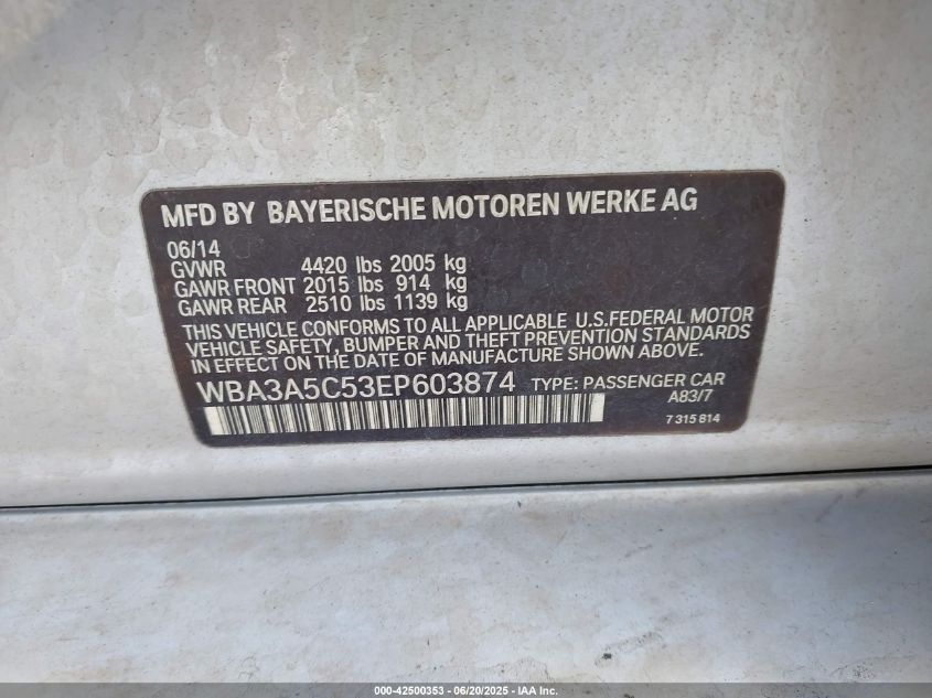 2014 BMW 328I VIN: WBA3A5C53EP603874 Lot: 42500353