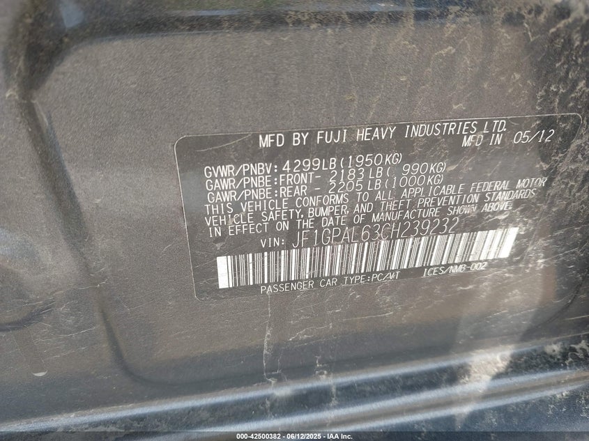 2012 SUBARU IMPREZA VIN: JF1GPAL63CH239232