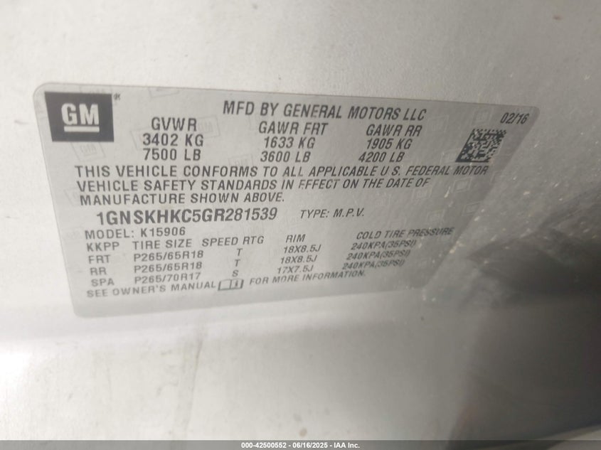 2016 CHEVROLET SUBURBAN VIN: 1GNSKHKC5GR281539