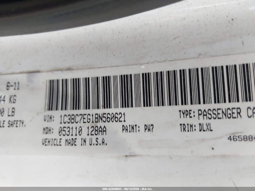 2011 Chrysler 200 Limited VIN: 1C3BC7EG1BN560621 Lot: 42500693