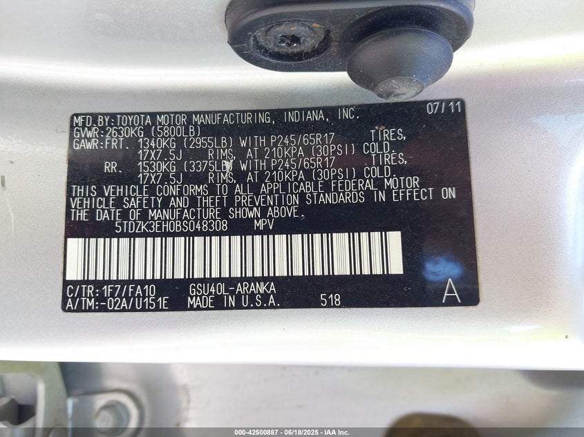 2011 TOYOTA HIGHLANDER VIN: 5TDZK3EH0BS048308