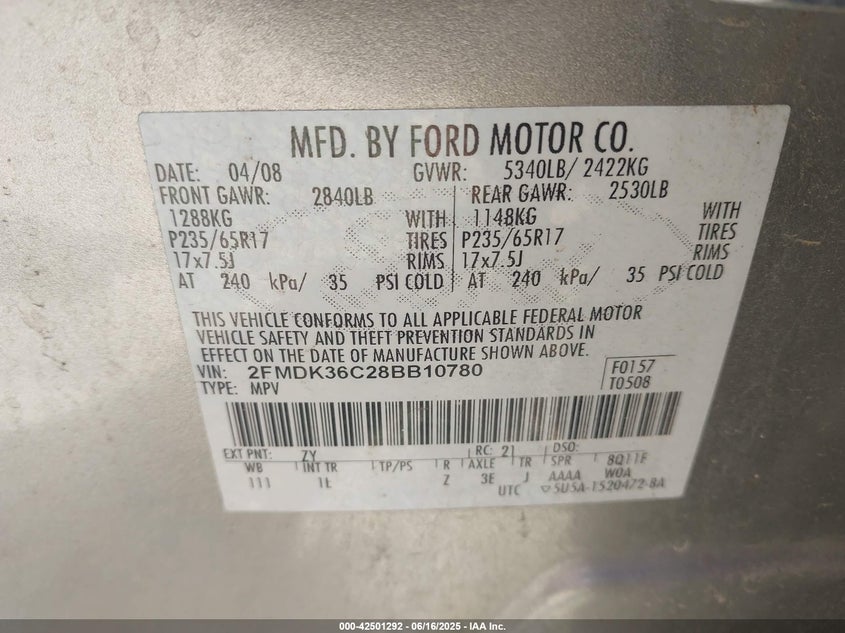 2008 FORD EDGE VIN: 2FMDK36C28BB10780