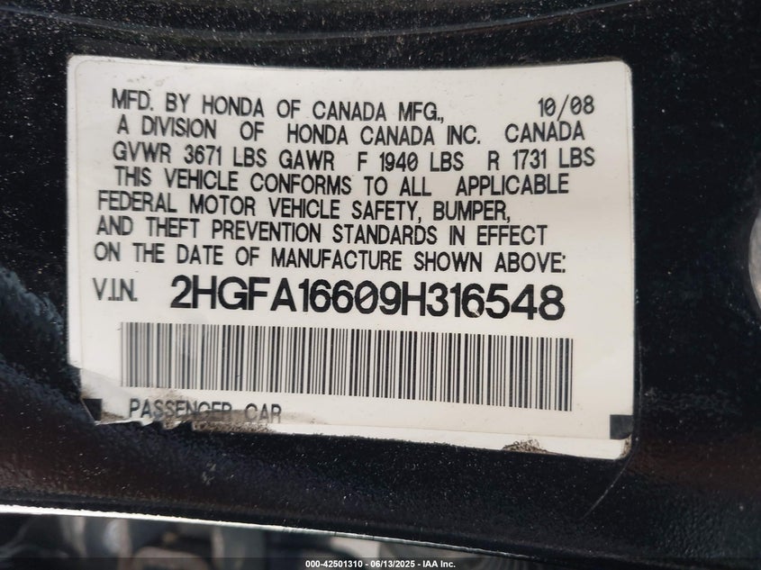 2009 Honda Civic Lx-S VIN: 2HGFA16609H316548 Lot: 42501310