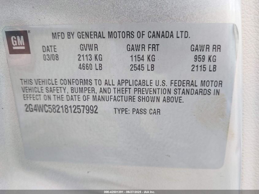 2008 Buick Lacrosse Cx VIN: 2G4WC582181257992 Lot: 42501391