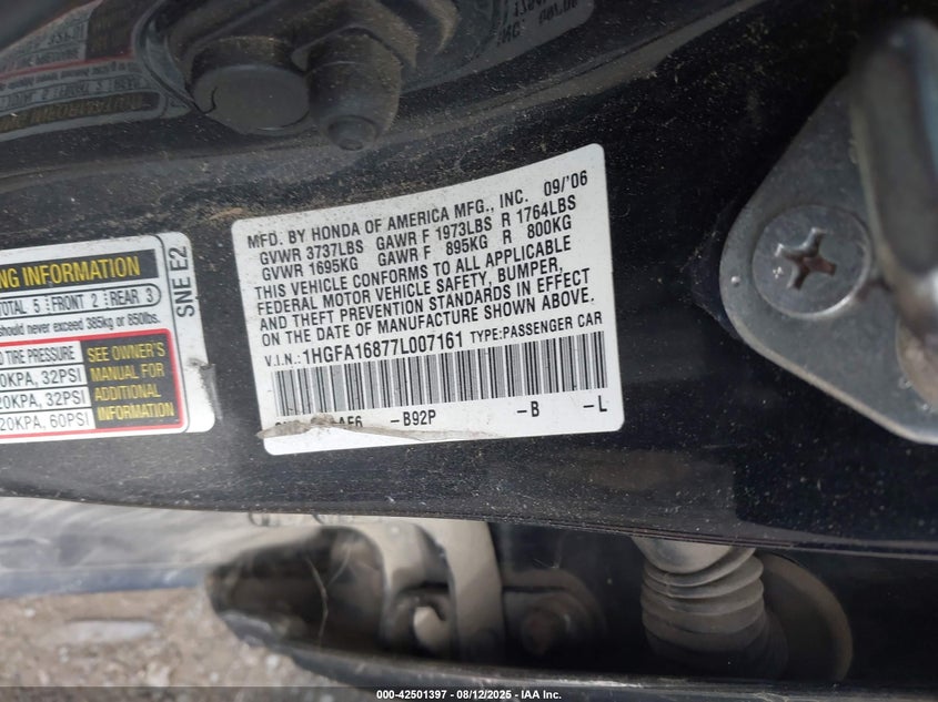 2007 Honda Civic Ex VIN: 1HGFA16877L007161 Lot: 42501397